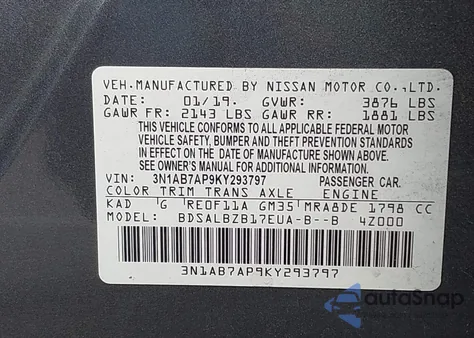 2019 Nissan Sentra S z USA, uszkodzony, nr VIN 3N1AB7AP9KY293797